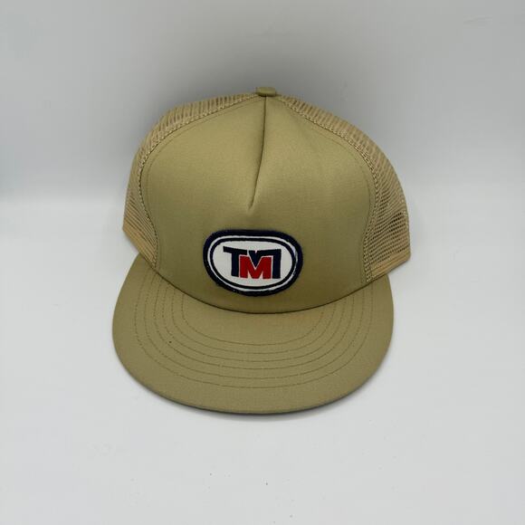 Vintage Tan Beige Hat Mesh Trucker Snapback 90s Logo Company - Picture 1 of 4